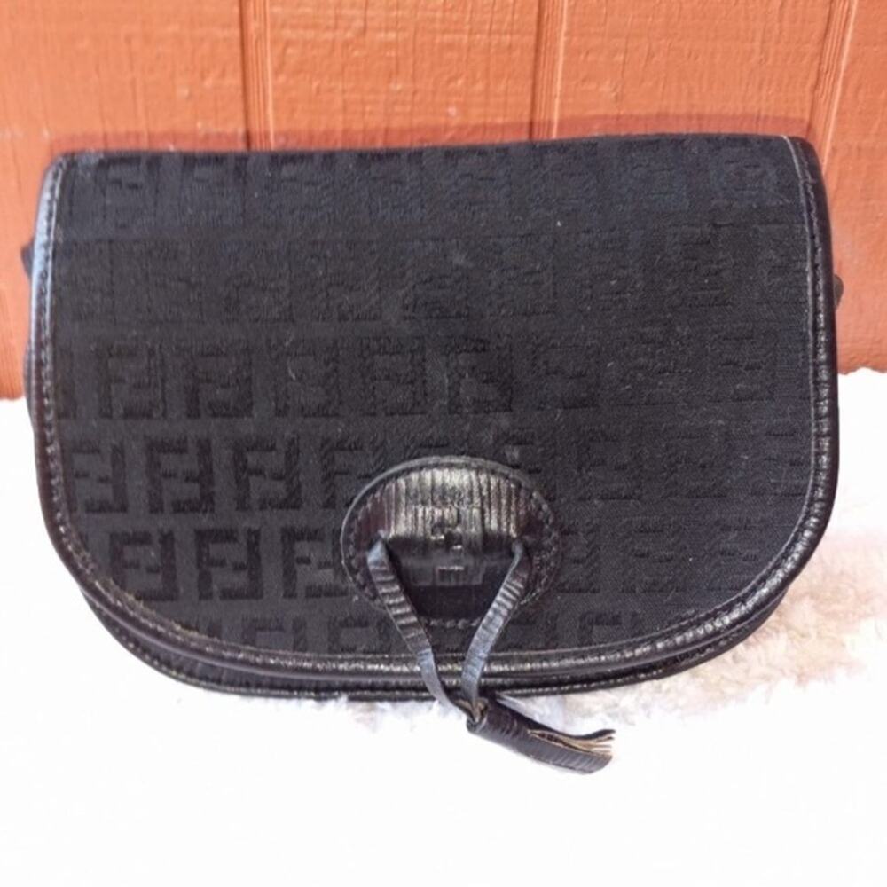 Vintage Fendi Zucchino Black Canvas and Leather Crossbody Bag
